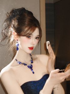 Blue Gemstone Tear Drop Necklace Earring Set Evening Gown Luxury Sensation Exaggerated Accessory Klein Blue Ear Jewelry