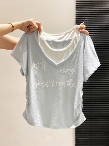 LUOSHAO | Design Sense Letter Print Cotton T-Shirt V-Neck Pseudo Two-Piece