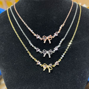 Top Luxury Pink Sweetness Lovely Shiny Bow Bowknot Zircon Pendant Necklace For Women Trendy Female Wedding Neck Chain