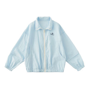 Blue Plaid Texture Casual Coat Zipper Collar Childrens Outerwear Spring Summer Autumn Seasonal Lightweight Regular Fit