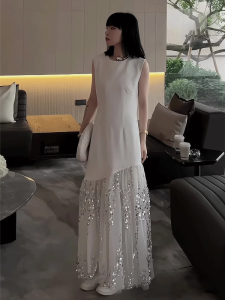 French Elegant Sequin Mesh Splice Dress Women Summer Design round Neck Sleeveless Slim Long Skirt Polyester High Waist A-Line Dress