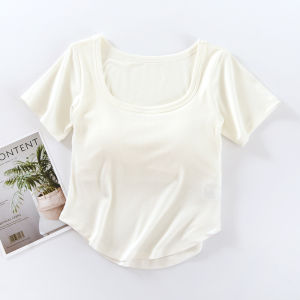 Womens Integrated Short Sleeve Base Shirt Waist Length Square Collar Fishbone Arc Outerwear Inner Match T-shirt Summer Simple Style
