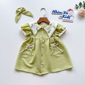 Váy Màu Xanh Cốm Cúc Ngọc Bé Gái 4 - 28kg Chất Đũi Xốp Mềm [V074]