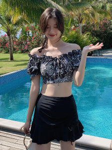 Black Coffee Pure Color High Waist Detachable Swimsuit for Women Xin Waterbird Brand Nylon Spandex Polyester Material One-Word Collar Style Boxers