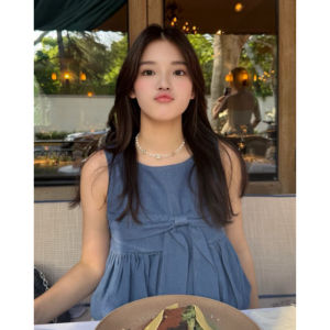 YUEZHONGWEI | Áo vest denim không tay màu xanh lam thắt nút bướm kiểu Pháp ren ghép nối mùa hè cho nữ Áo khoác ngoài thường ngày dáng rộng cổ tròn