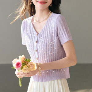 BAIWEISILI | V Neck Lace Hollow Knit T-Shirt Cardigan Thin Ice Silk Top