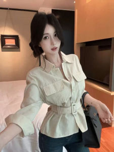 American Style Polo Collar Workwear Shirt Womens Design Sensation Small Audience Autumn Waist Inward Top Extremely Beautiful Unique Shirt