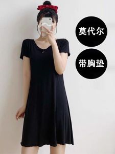 พลัสไซส์ ชุดนอน ผู้หญิง ชุดราตรี พร้อมแผ่นรองหน้าอก Modal ผ้าฝ้าย ฤดูร้อน แขนสั้น หลวม เสื้อผ้าคนท้องสําหรับผู้หญิงหนัก