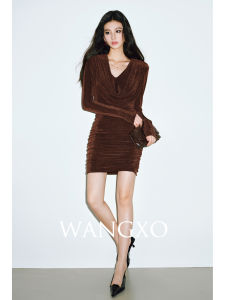 WANGXO | Đầm Bodycon Co Dãn Có Nếp Nhăn Tay Tạo Hình Đẹp