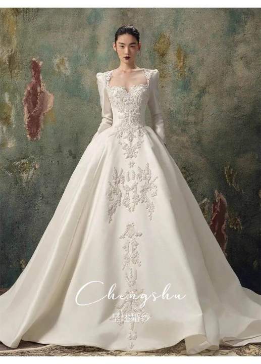 Satin Tail Wedding Dress AL1371 2025 New Model Satin Wedding Dress