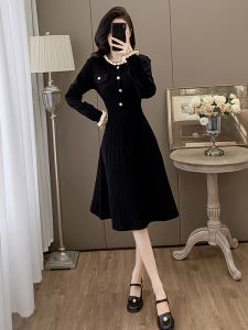 Hebe Style Retro Knitted Dress Womens Slimming French Waist Cinched Little Black Dress Autumn New Arrival Casual Long Sleeve