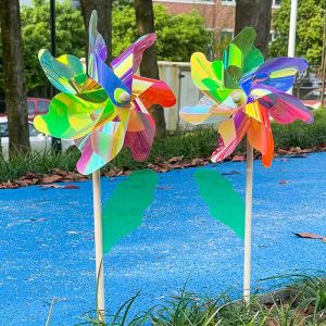 Colorful Laser Illuminated Large Windmill Stick Toy Outdoor Decor Handheld Childrens Toy for Street Vendors Wooden Pole Windmill