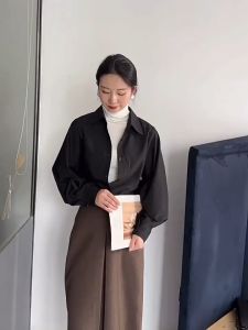 Kemeja Hitam Baru Gaya Korea Lengan Lentera Atasan Komuter Wanita