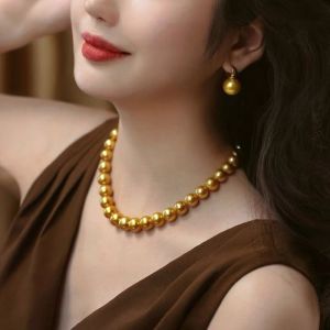 Deep Sea Mother-of-Pearl Gold Beads Necklace Sea Water Pearl Rich Gold Tea Gold Pearl round Bead Chain Jewelry New Stock