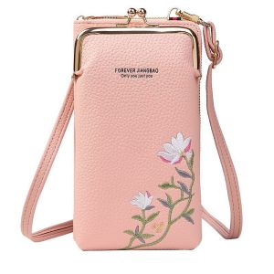 New Ladies Mobile Phone Bag Korean Version Fashion Litchi Pattern Pure Color Embroidery Crossbody Small Single Shoulder Bag