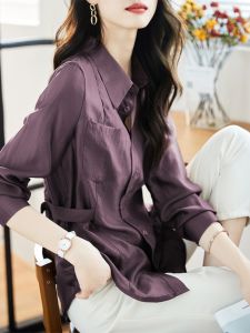 เสื้อเชิ้ตผู้หญิงแขนยาวทรงหลวมพับคอปกสีพื้นสไตล์สากล ทรงหลวม ทรงเข้ารูป ลำลอง ปรับได้ ทรงเข้ารูป ทรงเข้ารูป