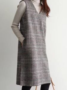 2025 Autumn Fashion Woolen Plaid Sleeveless Vest Dress Large Size Womens V-neck Slimming Mid-length One-piece Casual Cotton Dress