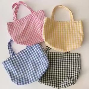 Portable Womens Bento Handbags Simple Plaid Ladies Small Tote Purse Shoulder Bags Retro Female Cloth Reusable Shopping Bag