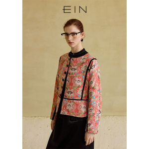EIN New Chinese Style Short Floral Embroidery Jacket Colorful Box Type Retro Womens Spring Fashion Outerwear Polyester Blend