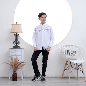 baju koko bordir putih lengan panjang anak usia 9-15 th