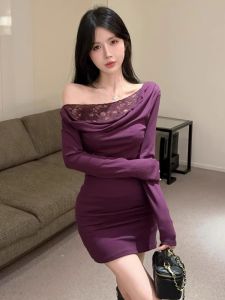 GUZILIAN | Retro Lace Splice Long Sleeve Dress Womens Autumn Elegance Sling Pure Color Waist Slim Short Skirt Korean Style Commute