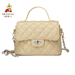 Fashionable Versatile Ladies Chain Strap Crossbody Bag Urban Minimalist Style Diamond Pattern Lock Buckle Closure PU Leather