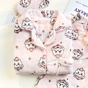 Chiikawa Coral Fleece Pajamas Womens Thickened Autumn Winter Home Clothes Cute Cartoon Print Long Sleeve Sleepwear Set