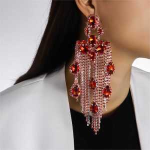 Fashion Exaggerated Water Drop Tassel Earrings Long Heavy Industry Stylish Red Rhinestone Fashion Earrings Female Gold Hairpin Earrings