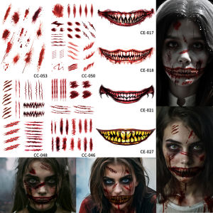 8Pcs Halloween Horror Temporary Tattoo Stickers Scar Fang Long-lasting and Waterproof Halloween Role-playing For Mouth Arm.