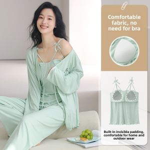 MiiOW | MiiOW Ice Silk Strap Sleepwear Womens Spring Autumn Three-piece Set With Chest Pad Open Cardigan Home Clothes Pure Desire
