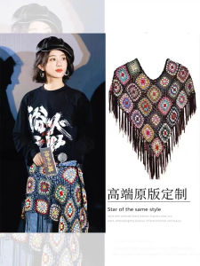 Black Hand-Hooked Flower Triangle Scarf Womens Bum Curtain Shawl Tassel Shoulder Wrap Cowl Outerwear Ethnic Style Winter Warm