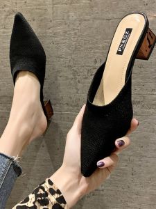 รองเท้าแตะส้นกลางผู้หญิงสำหรับใส่กลางแจ้งในช่วงฤดูร้อนปี 2025 รองเท้าแตะส้นกลางผูกโบว์แบบสวมครึ่งนิ้วสำหรับใส่สบาย