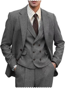 British Mens Blazers Vintage Herringbone Tweed Formal Jacket Wool Blend Breasted Casual Autumn Winter 3 Piece Suit