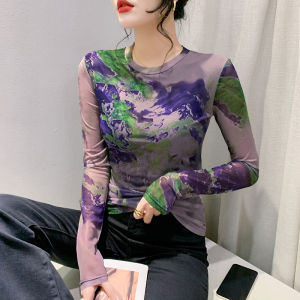 REHIN European Style Printed Mesh Long Sleeve Top – Autumn Korean Slim Fit Pullover Inner Outer Wear for Women(S-4XL)