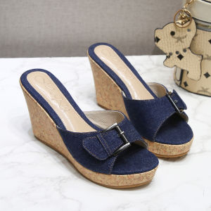 Summer 2025 High Heel Slope Heel Denim Slippers mid Heel Waterproof Platform Thick Bottom Fish Mouth Buckle Flower Womens Shoes
