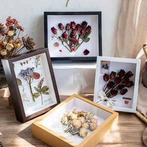 Hollow Flower Frame Box Glass Dry Flower Specimen Holder Shadow Wood Board Display Creative Crafts Photo Wall Hanging Ornament Art Toy Collection Figurine Frame Gift 6 inch/8 inch/10 inch (White)