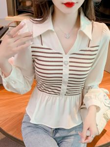 เสื้อเชิ้ตผู้หญิงลายทางบางแขนยาวแฟชั่นผ้าชีฟองสไตล์ใหม่ฤดูใบไม้ผลิและฤดูใบไม้ร่วง เสื้อชั้นในผ้าฝ้ายผสมคอโปโล