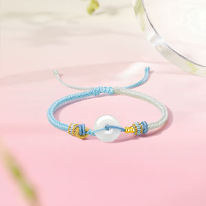 ZHOU LIU FU 周六福 24K Solid Gold Bracelet Natural White Chalcedony Ping An buckle Charm Bracelets Cute Blue Braided Bracelet for Women Girl 16+6cm J1713539
