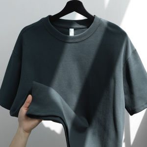 Heavyweight Pure Cotton Short Sleeve T-Shirt Mens round Neck Dark Grey Half Sleeve T-Shirt Standard Fit Youth Popular Summer Wear