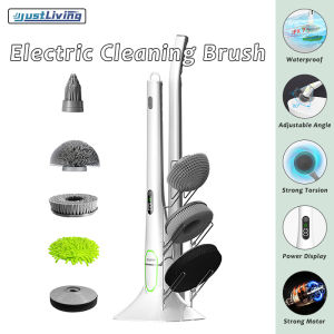 JustLiving 1PC Goodpapa Electric Spin Scrubber Floor Shower Power Scrubber Cleaning Brush with Long Handle 2 Speed Hd Led Display6 Replaceable Brush Heads Cleaning for KitchenBathroomFloorTileBathtub
