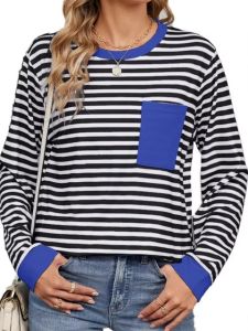 Womens round Neck Striped Pocket Long Sleeve T-Shirt Loose Fit Polyester Printed Casual Top Fashion European Style