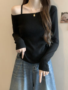 Black Long Sleeve Shoulder Bared T Shirt Womens Autumn plus Size Micro Fat MM Inner Wear Base Shirt Oblique Shoulder Top