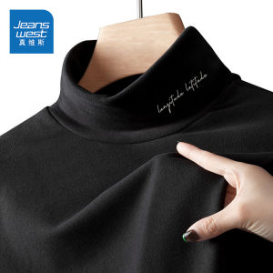 Jeanswest Thickened Long Sleeve T-Shirt for Men American Letter Youth Autumn Winter Double-sided Velvet Half High Collar Base Shirt Trendy
