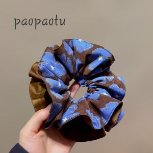 Fashionable Retro Blue Print Hair Ties Womens Double Layer Pleated Stylish Hair Bands Luxury Lightweight Hair Bands for Girls