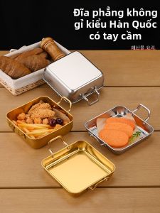 CHUANGGUANJIA | Korean Style Double Handle Stainless Steel Golden Square Snack Plate