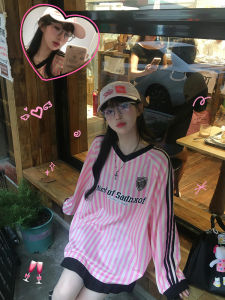 American V-neck Contrast Color Stripe Long sleeve Overfit t-shirt Women Spring and Autumn Thin Oversize Idle Style Fashion Brand Top Clothes