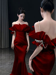 Red Fish Tail Bridal Dress Korean Style Wedding Ceremony Hostess Evening Gown with Pearl Embellishments mid Waist Long Skirt