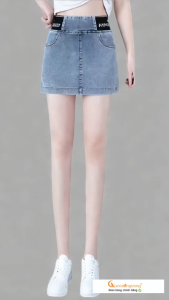 Quần short jean nữ lưng cao lưng thun Queenbe GLQ150 vải jean cotton dáng váy thể thao