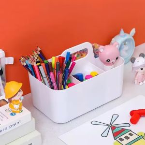 2Pcs Multiuse Organizer with Handle Portable Divided Plastic Tote Bin Stationary Pen Marker Crayons Makeup Hair Supplies Storage