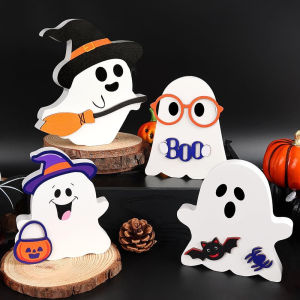 3/4Pcs Set Cute Wooden Ghost Halloween Signs for Table Office Desk Tiered Tray Fireplace Mantle Spooky Halloween Ghost Decor